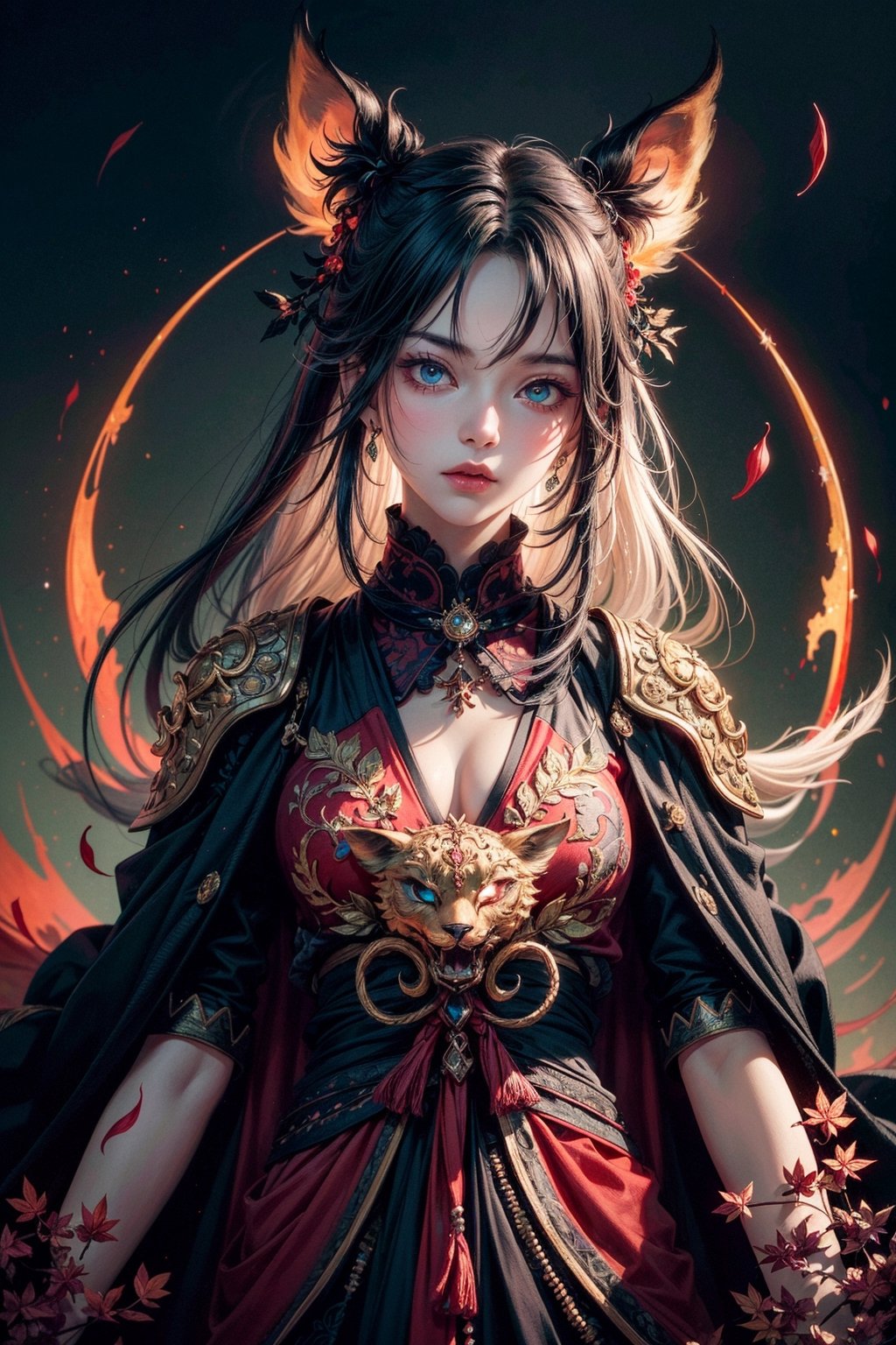 a girl, body covered with red leaves, kitsune, blue glowing eyes, intricately detailed, sakimichan, wlop, loish, intricate artwork masterpiece, ominous, matte painting golden ratio, trending on cgsociety, Bioluminescence, intricate, epic