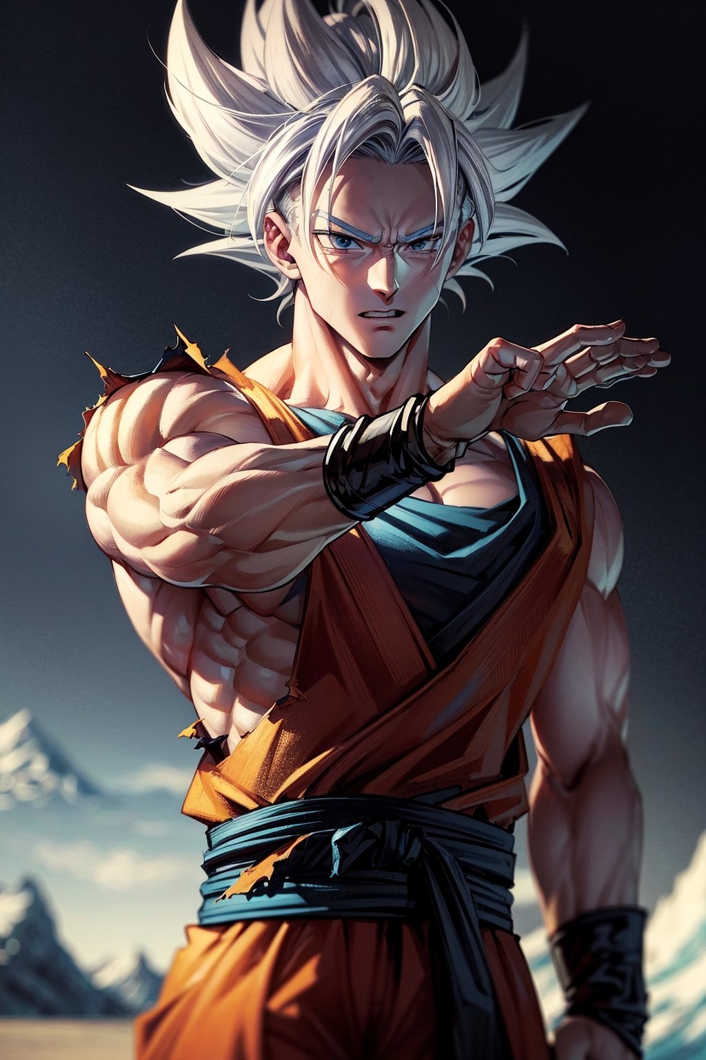 masterpiece, high quality, detailed lighting, son goku, (solo), 1boy, battle damage, (best quality), muscular, blue sky, blurry, blurry background, glacier, male focus, sky, solo, ultra instinct, white hair, torn clothes, (good hands), (masterpiece), anatomy, , son goku,son goku,giant_this_guy