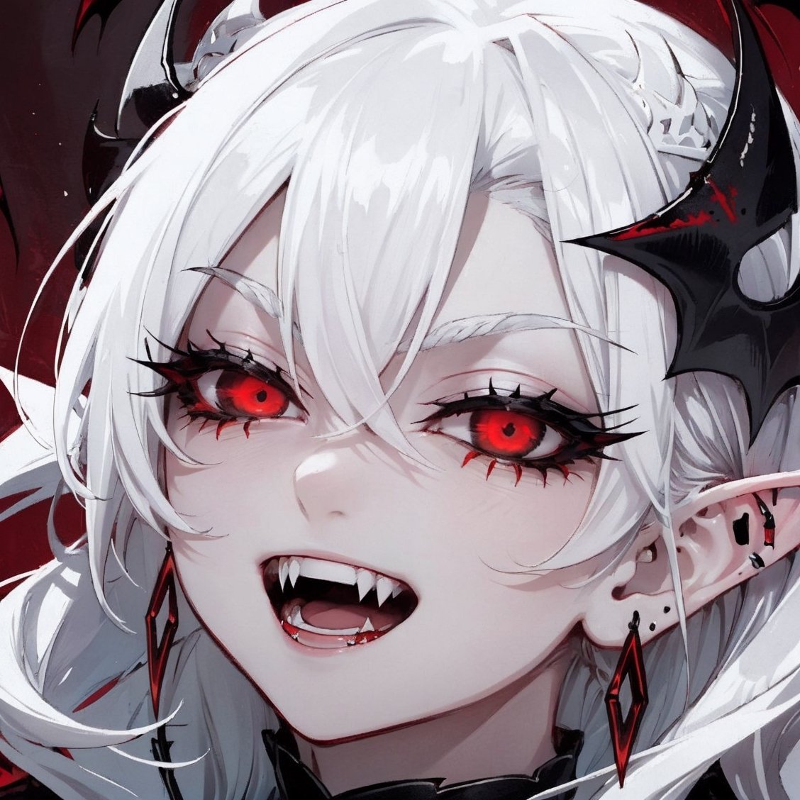 close up portrait of a vampire girl,detailed black crown on her head,white hair flowning,red background,showing her vampire fangs while smiling,sharp nails,big crown,fangs,red eyes,evil look,evil gaze.black earings,black rings,evil laugh,smile