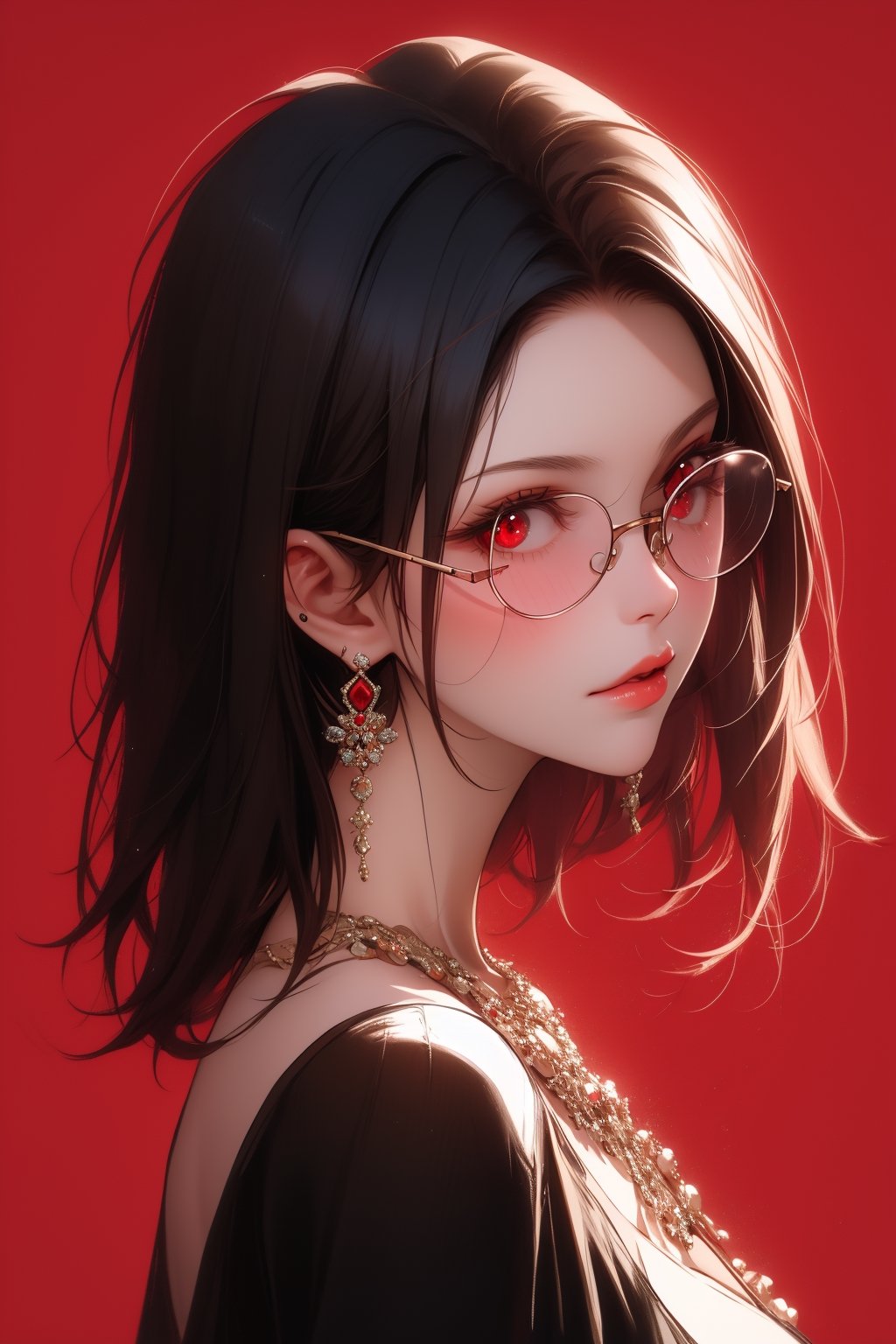 1girl, solo, long hair, oil painting, impasto, looking at viewer, black hair, jewelry, red eyes, short hair, bob cut, earrings, lips, brown skin, necklace, lips, red background, circlet, green glasses, masterpiece, beautyniji, nijistyle, niji