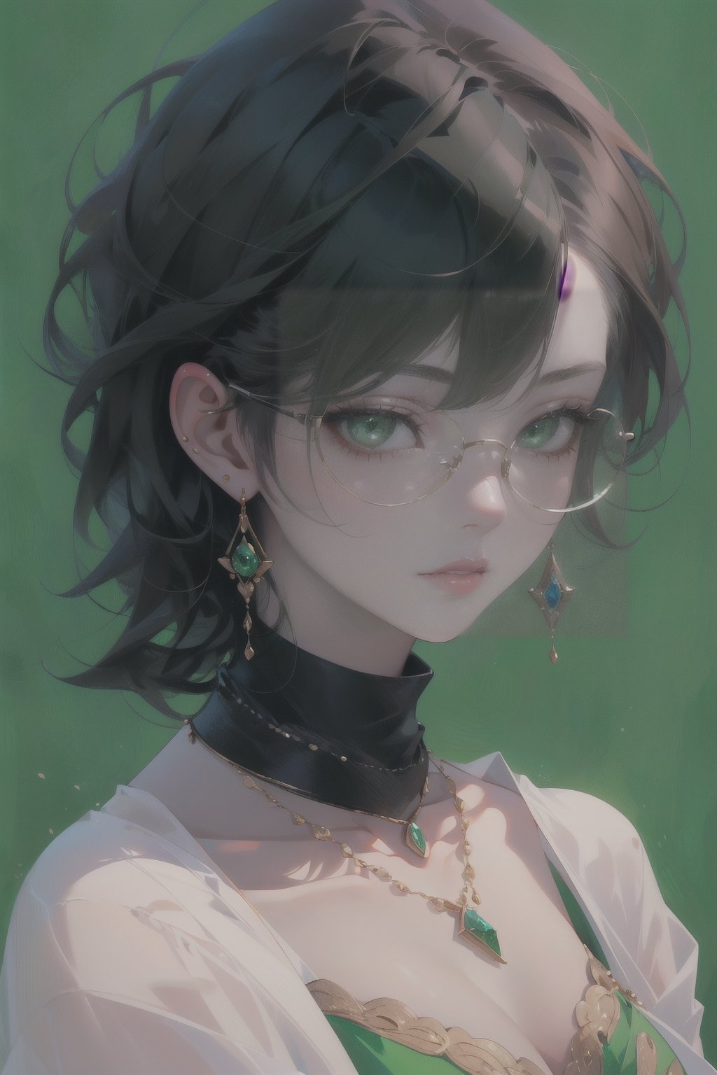 1girl, solo, long hair,oil painting, impasto, looking at viewer, black hair, jewelry, green eyes, short hair,bob cut, earrings, lips, brown skin, necklace, lips,green background,circlet,green glasses,masterpiece,beautyniji,nijistyle,niji