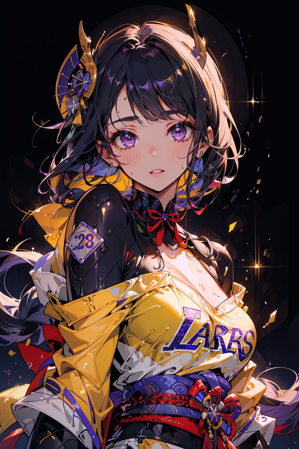 Masterpiece,highly detailed,absurd_res,sole_female,beautiful,wearing lakers uniform,yellow uniform,beautiful,sweating ,sexy,portrait,tied hair,slim,attractive,alluring,seductive look,off-shoulder shirt,off-boob shirt,parted lips,detailed face,beautiful body,shorts,women,charming,raidenshogundef