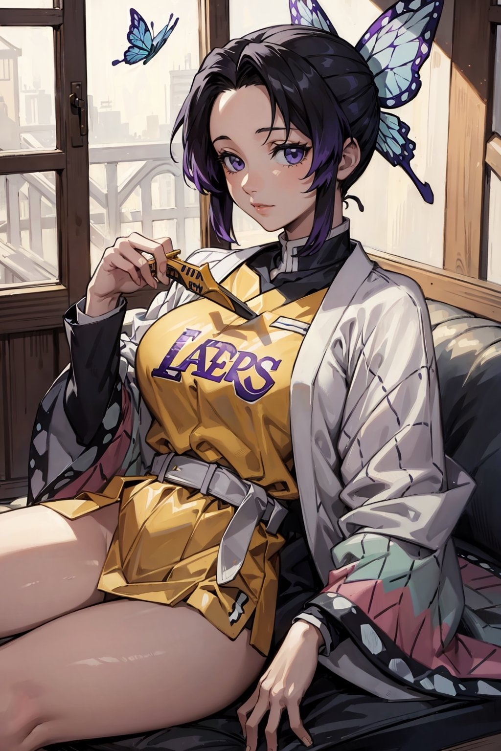 ((Masterpiece)),highly detailed,1_girl,beautiful,wearing lakers uniform,yellow uniform,kochou shinobu