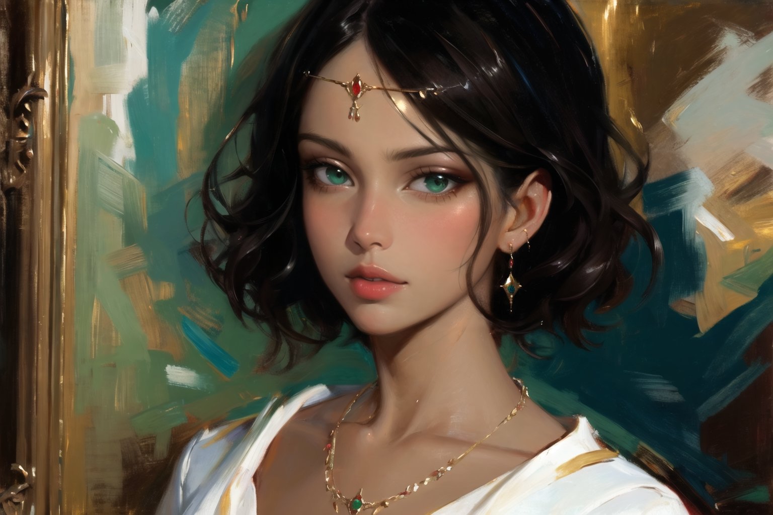 1girl, solo, long hair,oil painting, impasto, looking at viewer, black hair, jewelry, green eyes, short hair,bob cut, earrings, lips, tanned skin, necklace, lips, circlet,masterpiece,h_impasto