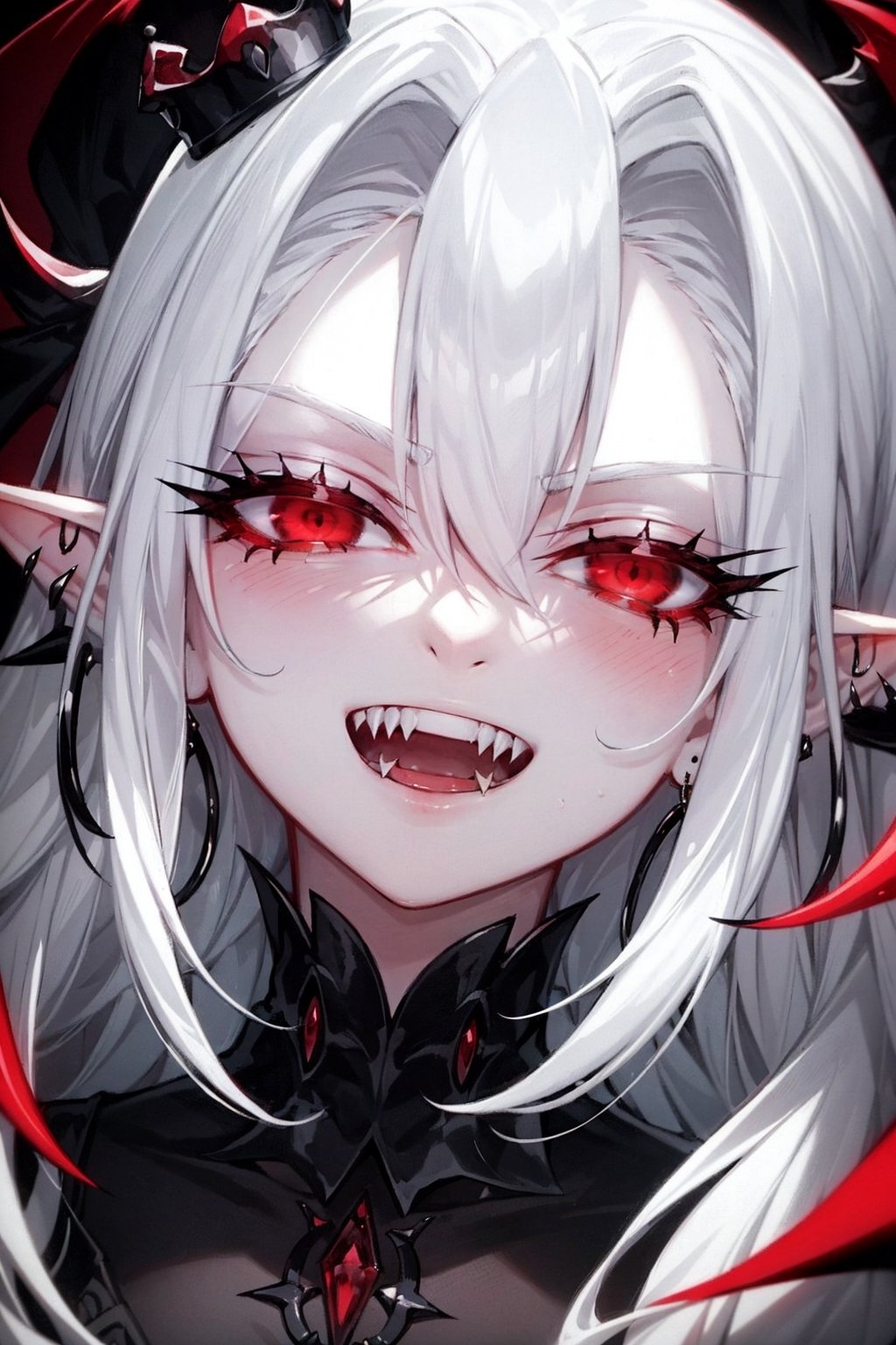 close up portrait of a vampire girl,detailed black crown on her head,white hair flowning,red background,showing her vampire fangs while smiling,sharp nails,big crown,fangs,red eyes,evil look,evil gaze.black earings,black rings,evil laugh,smile