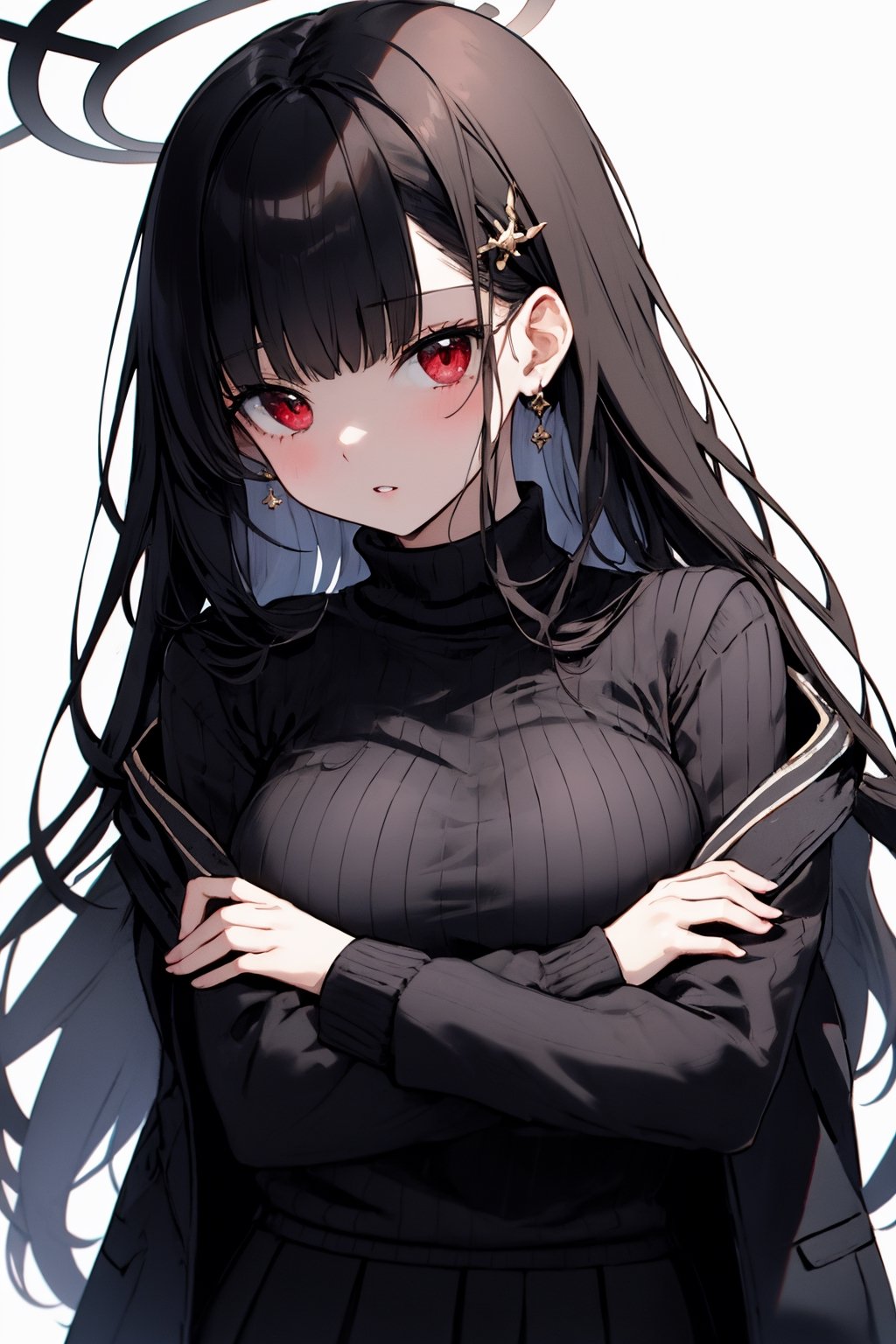 rio blue archive,black hair, 1girl, white sweater, long sleeves, solo, large breasts, turtleneck, red eyes, sweater, ribbed sweater, turtleneck sweater, black jacket, simple background, crossed arms, skirt, parted lips, hair ornament, blunt bangs, breasts, bangs, coat on shoulders, looking at viewer, white background, long hair, jacket, black skirt, halo, jacket on shoulders,rio blue archive,black hair, 1girl, white sweater, long sleeves, solo, large breasts, turtleneck, red eyes, sweater, ribbed sweater, turtleneck sweater, black jacket, simple background, crossed arms, skirt, parted lips, hair ornament, blunt bangs, breasts, bangs, coat on shoulders, looking at viewer, white background, long hair, jacket, black skirt, halo, jacket on shoulders,animeniji,beautyniji