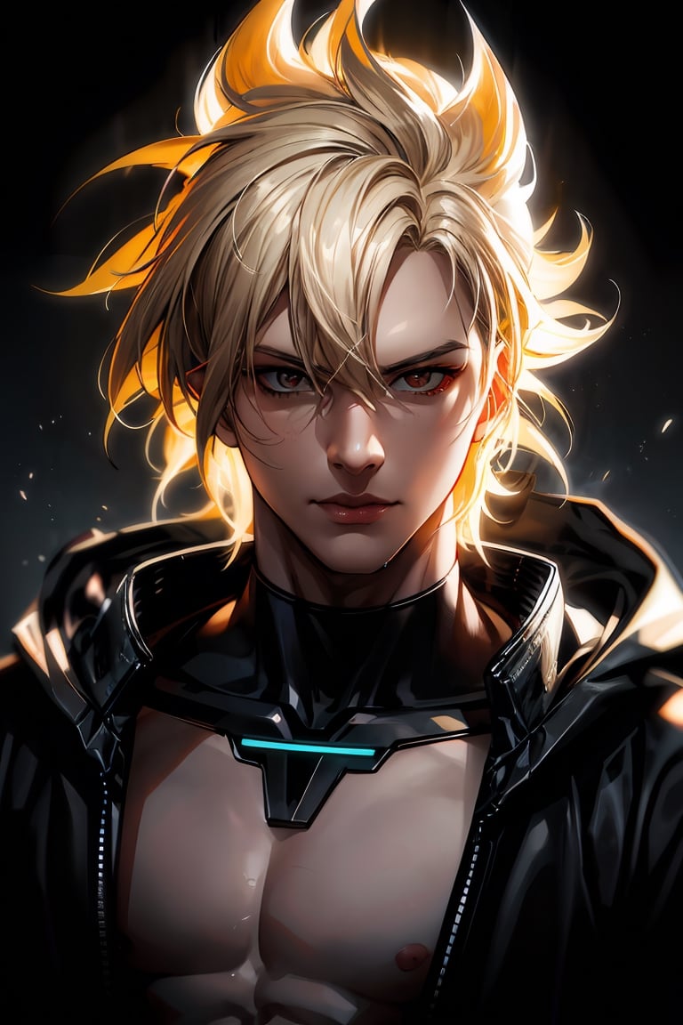 detailed portrait, ultra realistic, 1boy, highly detailed clothes, wearing neon coat with hood, beautiful face, robotic, super saiyen, blond hair, brush strokes, 12k, beautiful outfit, wlop, high definition, cinematic, behance contest winner, portrait featured on unsplash, stylized digital art, smooth,raidenshogundef,son goku