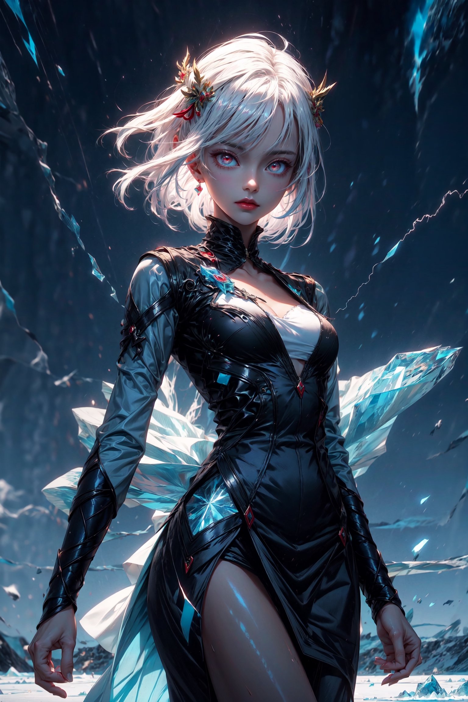 1girl, detailed dress, long white hair,glowing eyes,blue ice in background, hair ornament,icy glacier breaking and flying, lightning,shenhedef,1 girl