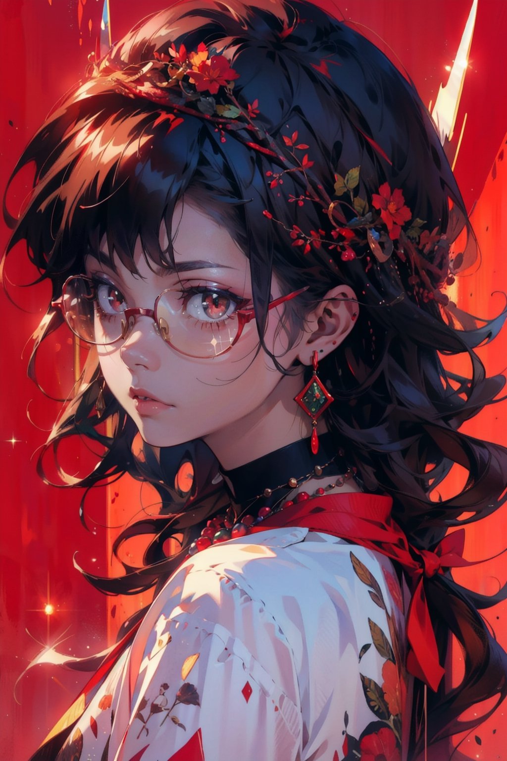 1girl, solo, long hair,oil painting, impasto, looking at viewer, black hair, jewelry,sweater,red eyes,close,earrings, lips,brown skin, necklace,hunter eyes,sharp eyes,glitter,shiny,flirty gaze,lips,red background,circlet,(red glasses,red contrast),masterpiece,beautyniji,nijistyle,niji