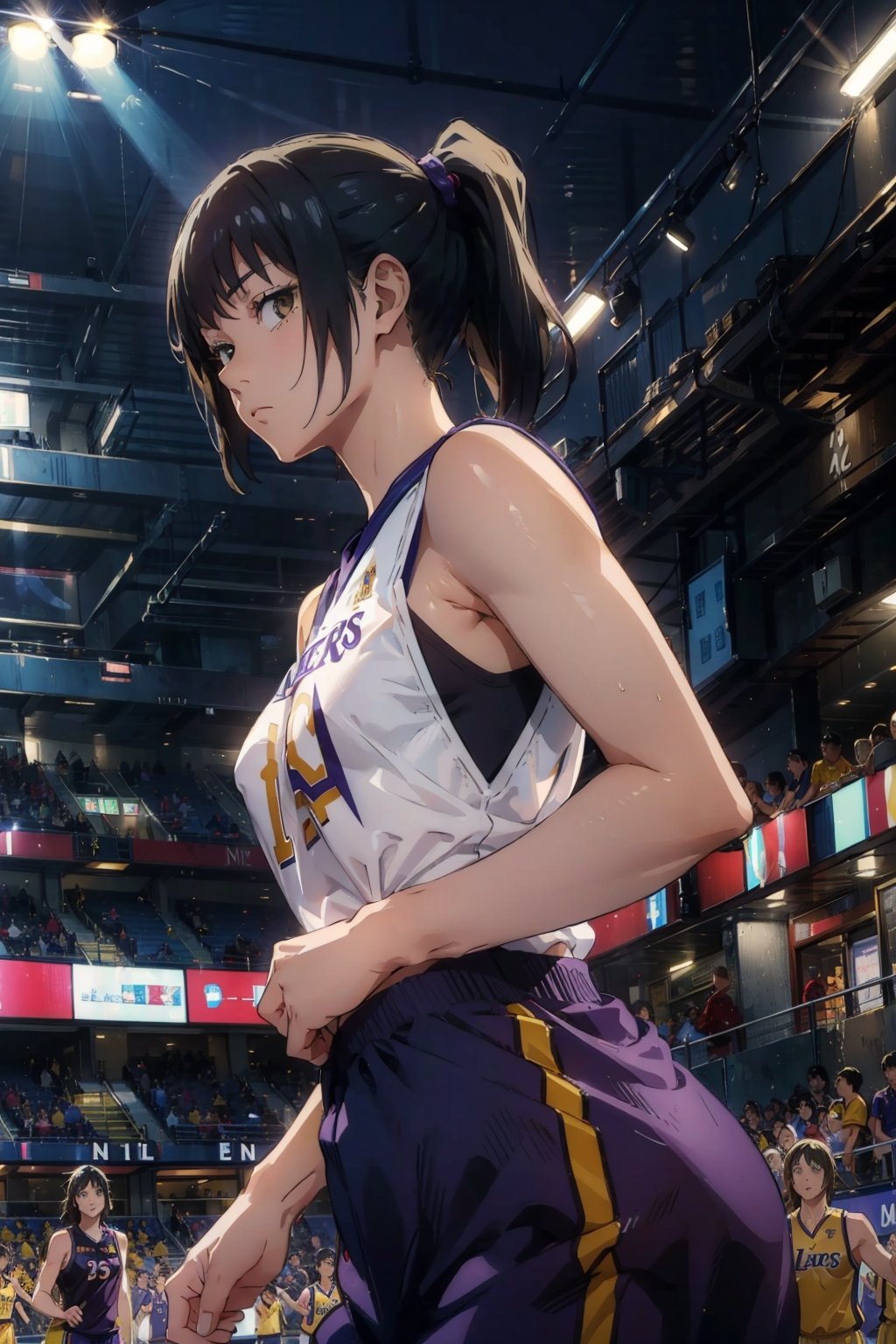 ((Masterpiece)),highly detailed,1_girl,beautiful,wearing lakers uniform,yellow uniform,medium breast,zenin_maki