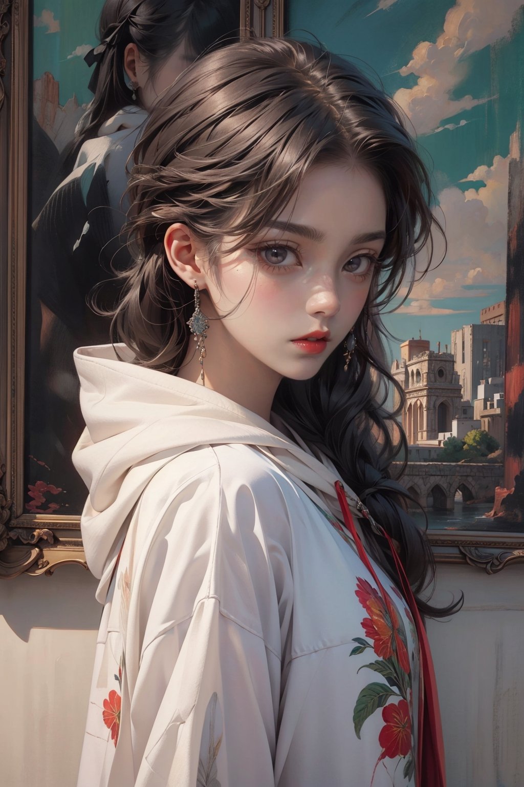 1girl, solo,oil painting, impasto, looking at viewer, silver eyes,bangs,long hair,hoodie,red lips,vague gaze,masterpiece,beautyniji,nijistyle,niji