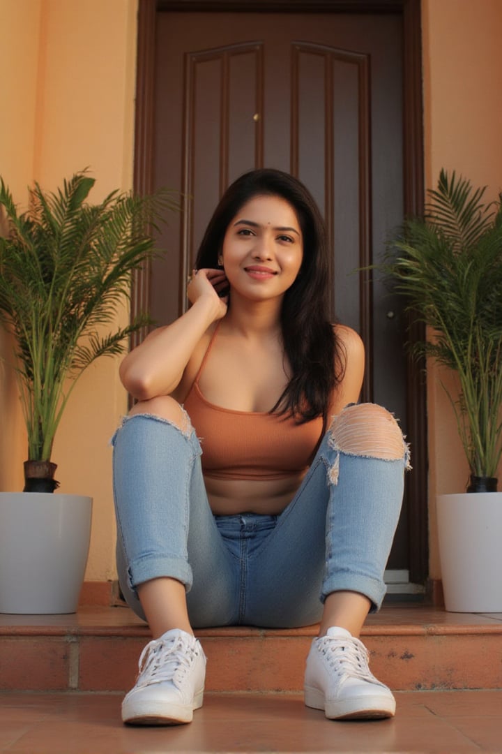 Indian, Beautiful girl aged 30, wearing a crop top and a low waist skinny jeans and white sneekers,sitting on the steps of a  house entrance,having long hair with dark black colour,with soft tone skin,with Warm lighting and filter,smiling by looking into the cam who is taking her pictures, taking in a long telephoto lens,with good aperture, Picture quality rendered with realistic image and rendered to 4k quality,m4d4m,Indonesiadoll