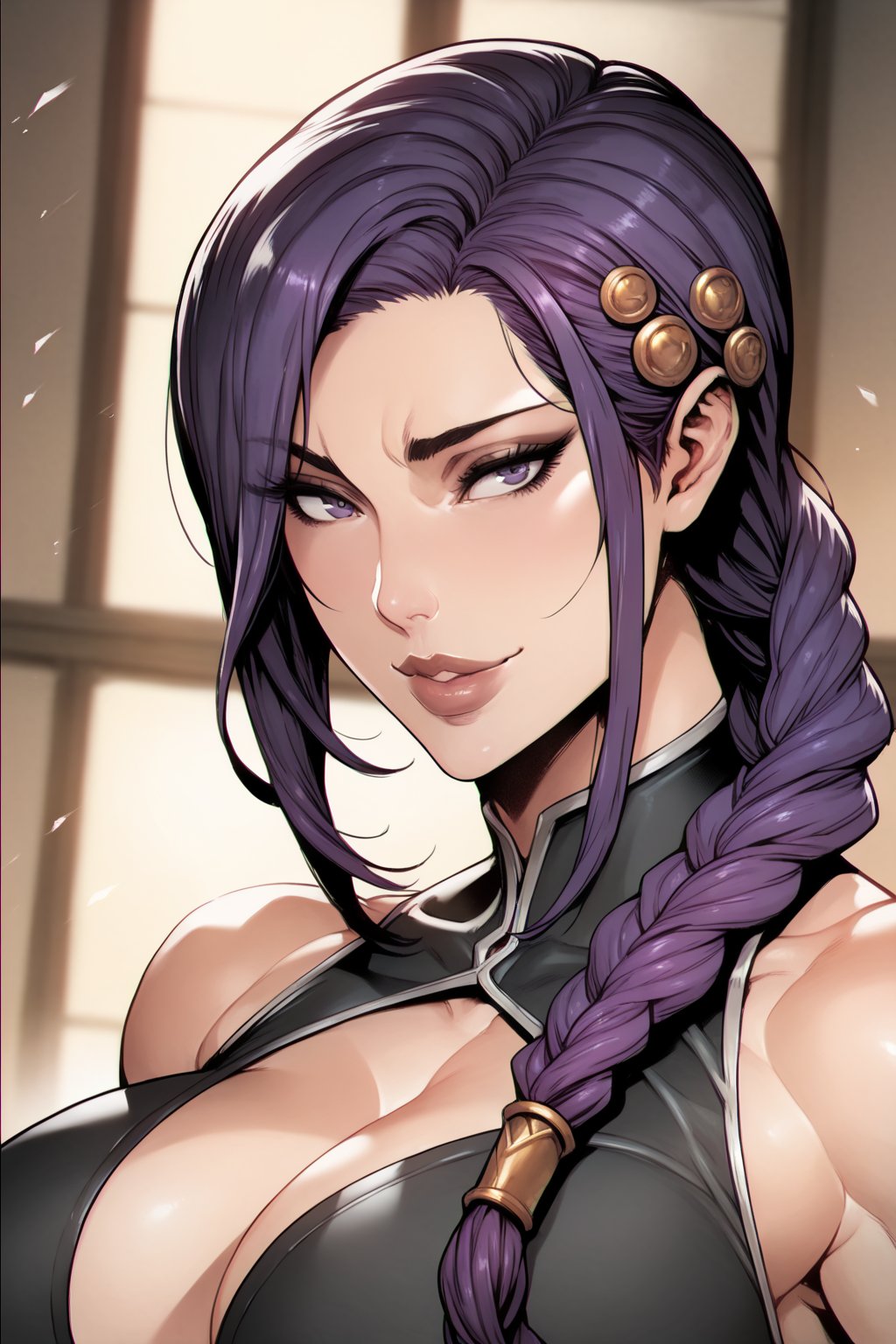 score_9, score_8_up, score_7_up, score_6_up, score_5_up, score_4_up, MAIDOLL, 1 girl, black and dark-purple hair, braided ponytail, hair ornament, brown lips, fit, smiling, dutch angle, portrait