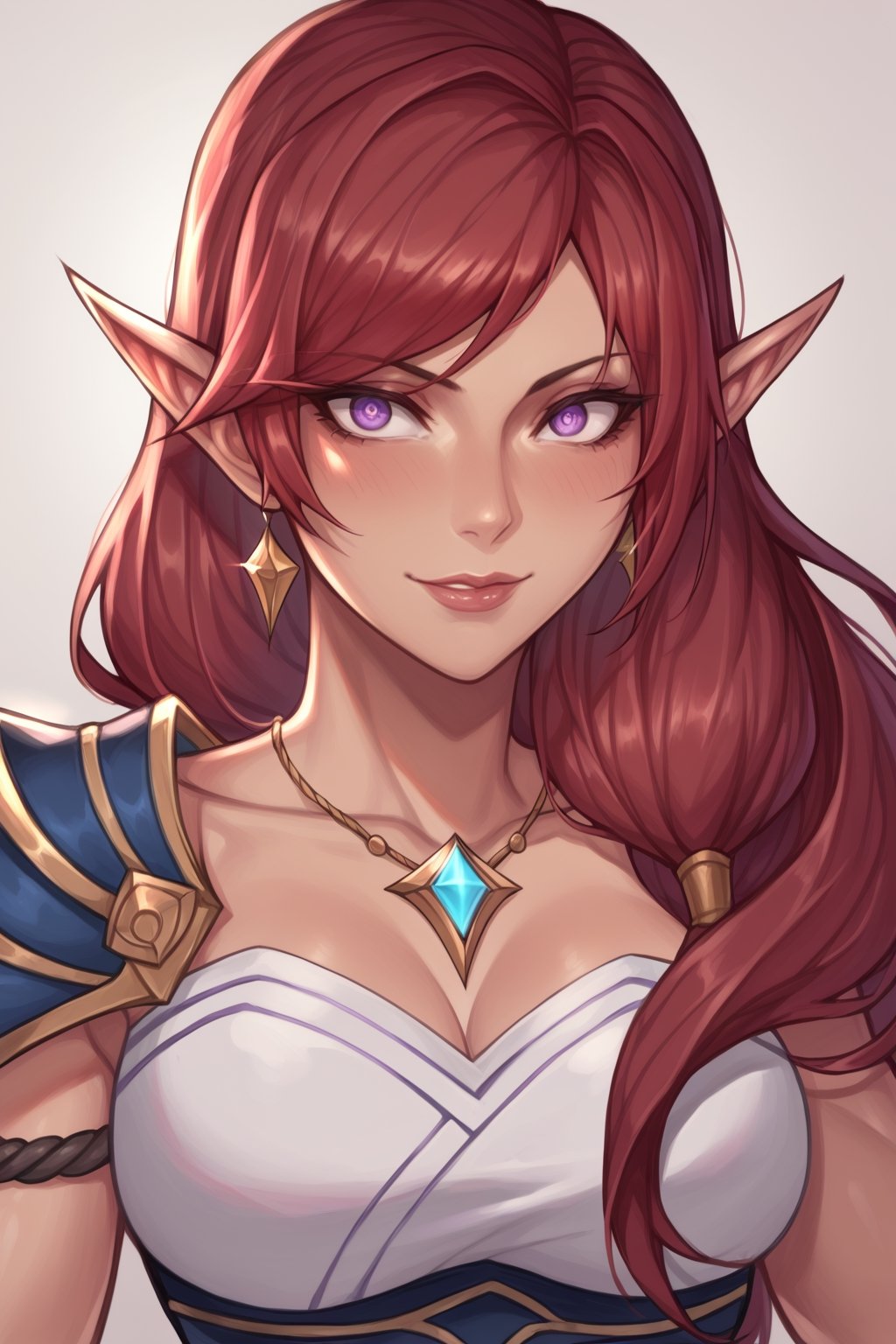 score_9, score_8_up, score_7_up, source_comic, (katerina from league of legends, katerina, portrait, dark skin, very brown skin, sorceress, mature, league of legends, red hair, very long hair, hair resting on shoulders, teeth tattoo, side tail, purple eyes, wide eyes, , symbol pupil, crazy eyes, full lips, 25 years old, muscular female, scars, medium breasts), hand besides head, ample cleavage, brown skin, elf ears, glowing eyes, tattoo through eye, smirky smile, shoulder armor, black and silver outfit, necklace, covered in tattoos, magic background, magic flowing through the wind, fullmoon, 