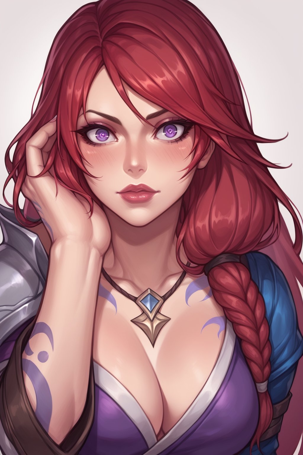 score_9, score_8_up, score_7_up, source_comic, katerina from league of legends, katerina, front view, sorceress, league of legends, red hair, very long hair, purple eyes, wide eyes, symbol pupil,full lips, 25 years old, medium breasts, hand besides head, ample cleavage, punk outfit, covered in tattoos