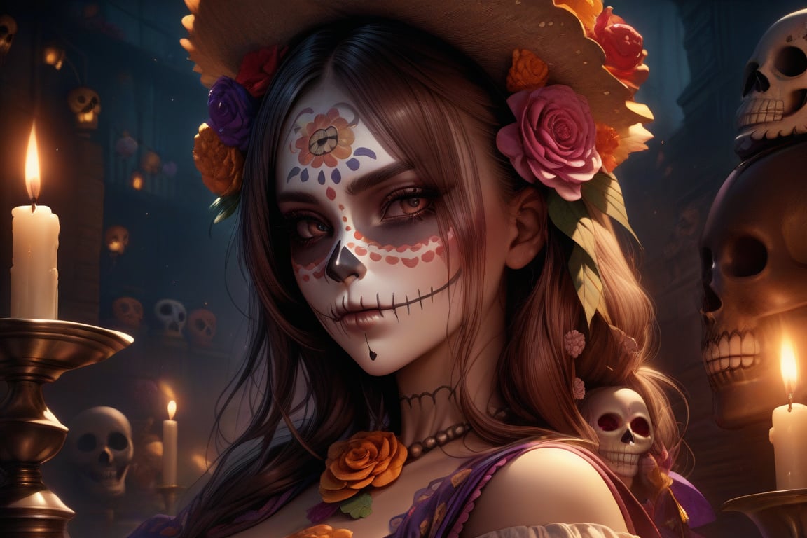 Masterpiece, best quality, high resolution, realistic. 

Close up, fantasy, epic. 

Dia de los muertos, A mexican Catrina,  Candles.