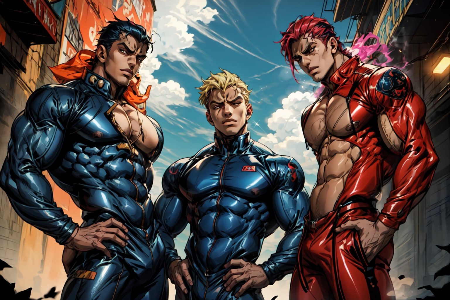 (best quality, masterpiece, 8K, HDR, extremely detailed, sharp look, full body, lineup. group photo, 3 males, posing, gachimuchi),

3 slavic overmuscular males impressively jojo posing,

(vibrant color, bright and intense, saturated),  warm tones, [muted colors, dim colors, soothing tones], soft textures, lens flare, (particles, sparkles), cinematic lighting, ambient lighting, sidelighting, cinematic shot, (beautiful / aesthetic / colorful / exquisite / atmospheric / elegant / stunning / impressive),Sexy Muscular,Male focus,latex,steam4rmor,catsuit