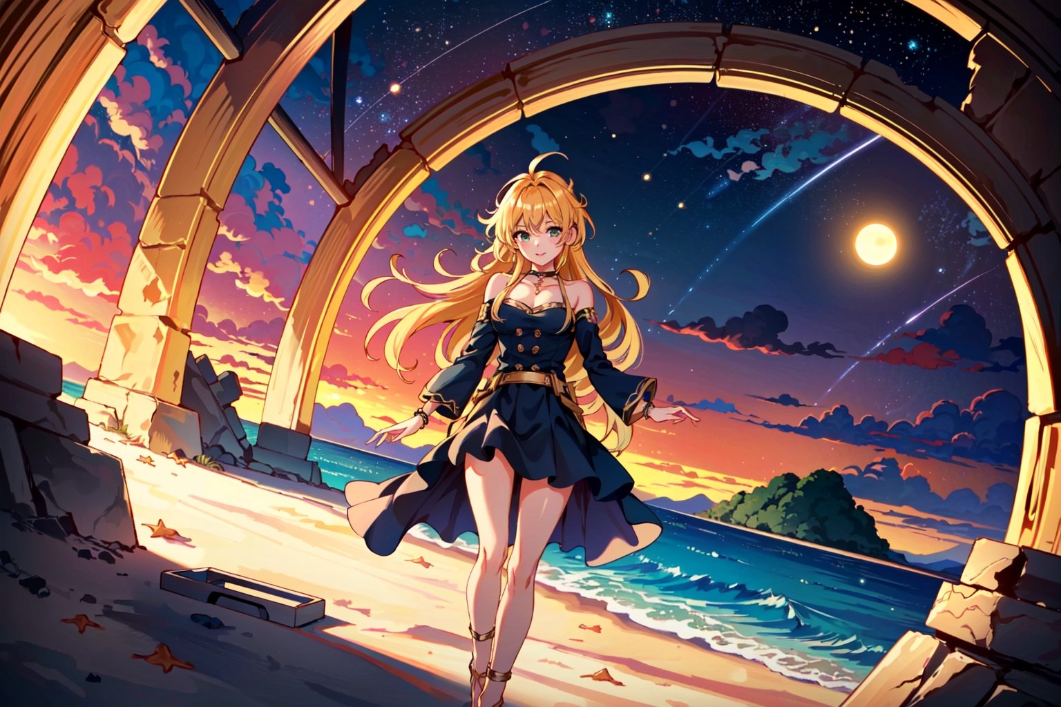 (((spaceships, orbital_station:1.1), ocean, captain_uniform, russian), intricate, exquisite, aesthetic),

(anklet, armlet, green_eyes), chocker, smile, blonde_long_hair, lipstick, female_solo,

((greek_ruins, beach), sky, mountains, full_eclipse), stars, [clouds]

((colors violet / yellow / red / orange / indigo, colors enhanced), outline, light_particles), dreamy glow, warm light, bokeh, 35mm-lens,

((((masterpiece, best quality, perfect visual), super detailed), sharp image, professional artwork), 8K, HDR),