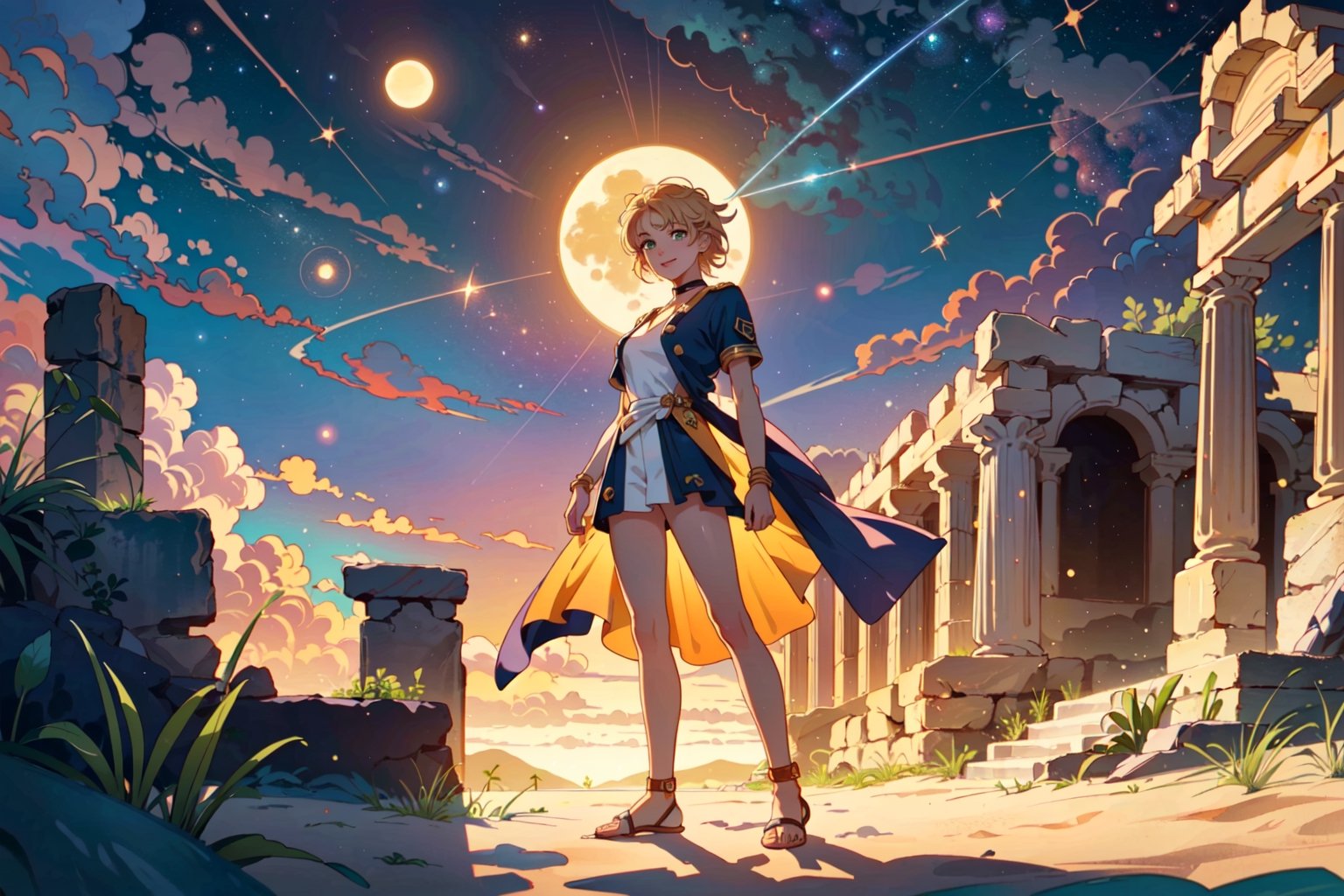 (((spaceships, orbital_station:1.2), ocean, captain_uniform, russian), intricate, exquisite, aesthetic),

(anklet, armlet, green_eyes), chocker, smile, blonde_long_hair, lipstick, female_solo,

((greek_ruins, beach), sky, mountains, full_eclipse), stars, [clouds]

((colors violet / yellow / red / orange / indigo, colors enhanced), outline, light_particles), dreamy glow, warm light, bokeh, 35mm-lens,

((((masterpiece, best quality, perfect visual), super detailed), sharp image, professional artwork), 8K, HDR),