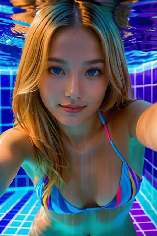 asian girl wearing an elegant top or dress at night, in the style of iconic album covers, neon-infused digitalism, animated gifs, light purple and light amber,HDR photo of underwater selfie, woman, long blonde hair, gorgeous smile, swimming underwater in a tile pool, light-blue eyes, perfect eyes, bikini, warm summer day, wet hair . High dynamic range, vivid, rich details, clear shadows and highlights, realistic, intense, enhanced contrast, highly detailed