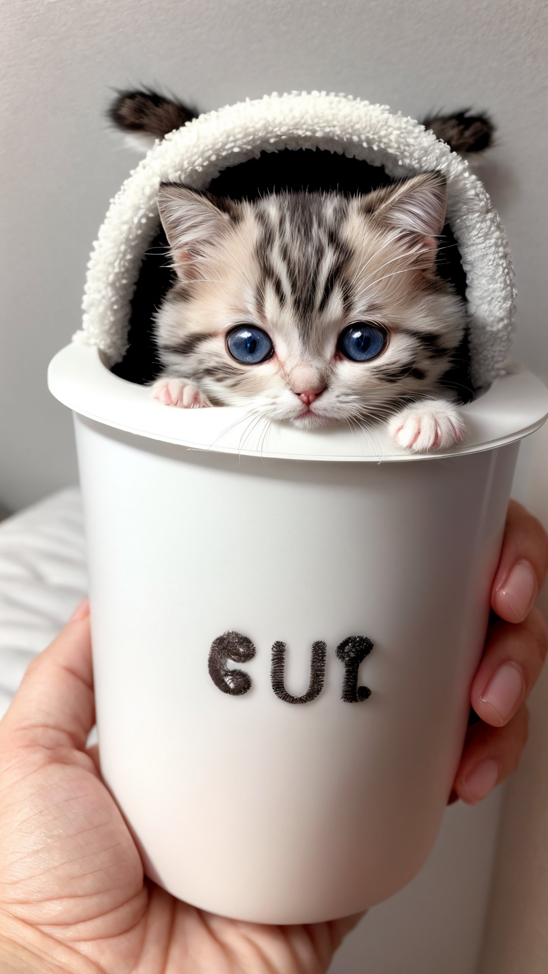 Cute tiny little kitty, puffy adorable white fur, adorable cute shiny big brown eyes, Ultra HD, realistic, best quality, in a mini container.