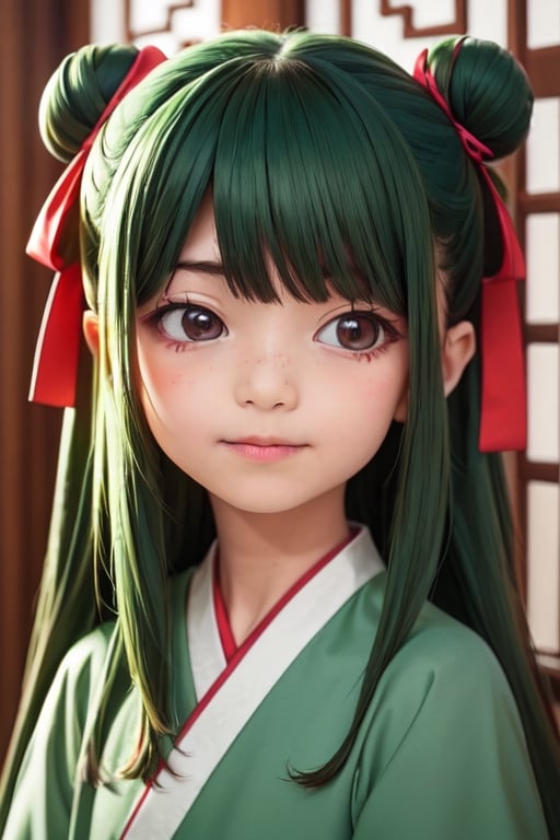 ((6year old girl:1.5)), loli, petite girl, Portrait, children's body, beautiful shining body, (( bangs)),high eyes,(brown eyes:1.4), petite,tall eyes, beautiful girl with fine details, Beautiful and delicate eyes, detailed face, Beautiful eyes,natural light,((realism: 1.2 )), dynamic far view shot,cinematic lighting, perfect composition, by sumic.mic, ultra detailed, official art, masterpiece, (best quality:1.3), reflections, extremely detailed cg unity 8k wallpaper, detailed background, masterpiece, best quality , (masterpiece), (best quality:1.4), (ultra highres:1.2), (hyperrealistic:1.4), (photorealistic:1.2), best quality, high quality, highres, detail enhancement, ((long hair:1.4)),
((tareme,animated eyes, big eyes,droopy eyes:1.2)),deformed Anime ,smirk,
1girl hair ribbon hair ornament, hanfu green shirt wide sleeves red skirt long skirt ,  indoors, east asian architecture,((hair ribbon hair ornament,bun)),((Portrait)),maomao,((Dark green hair:1.4)),
shangfu,lady in waiting,jinshi,[[[freckles]]]
