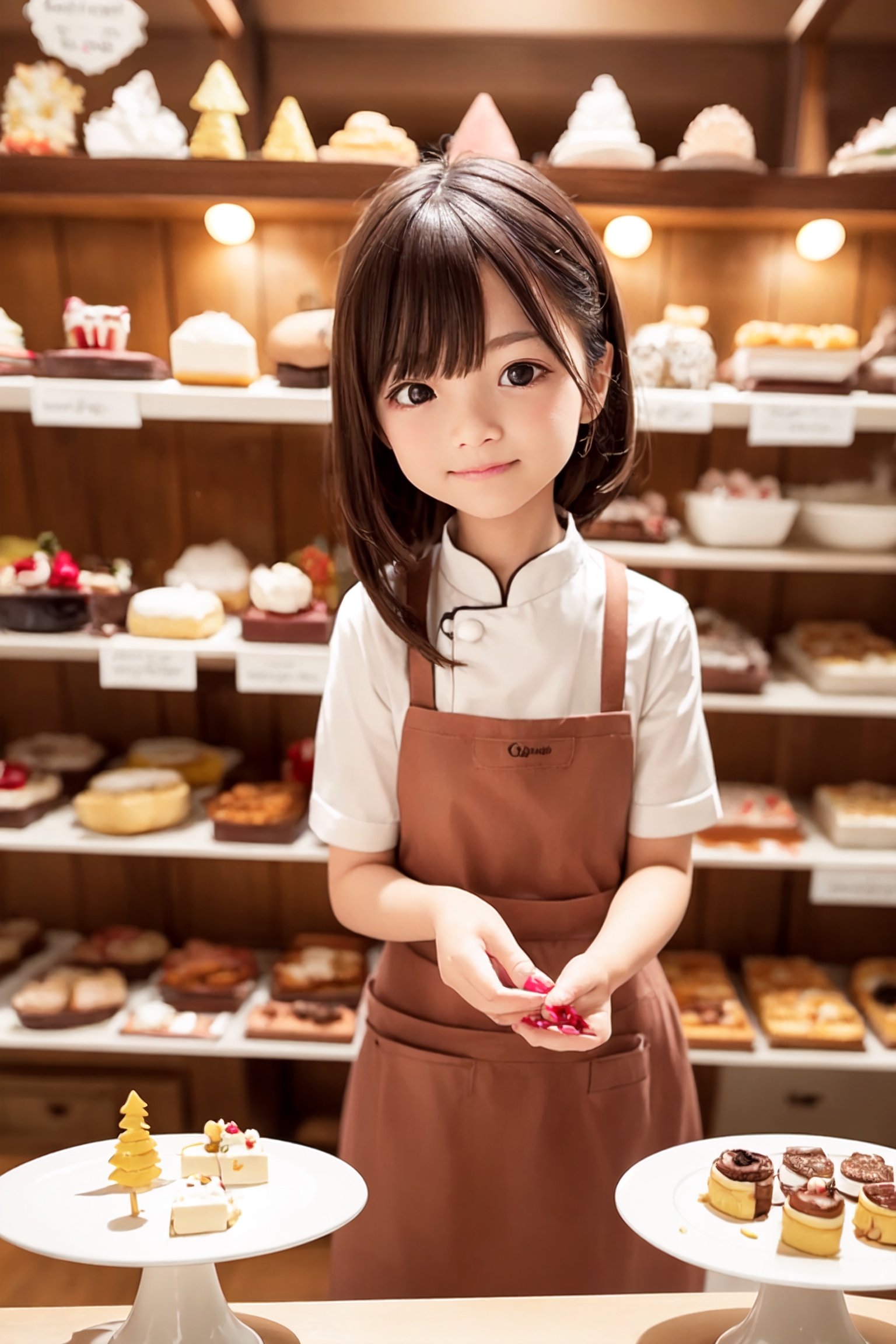 Imagine a cozy cake shop filled with the sweet smell of freshly baked cakes. The environment is decorated in pastel colors and attractively decorated. In the center of the image, a cute pastry chef wearing a rustic chef's uniform is enthusiastically working on making a Christmas cake.

The chef was standing at a sparkling kitchen counter surrounded by colorful ingredients such as flour, sugar and eggs. The counter is stocked with a quirky assortment of shaped cookie cutters, piping bags, and other baking tools. The atmosphere exudes joy and creativity, capturing the essence of the pastry chef's craft.

The pastry chef with a warm and friendly smile skillfully creates adorable cakes. These cakes can be in the form of cute animals, smiling faces, or miniature desserts that reflect the chef's playful and artistic touch. The chef's attention to detail and love of his craft is evident in his every move.

Soft natural light pours into the cake shop, giving it a warm glow. In the background, shelves full of beautifully arranged Christmas cakes are displayed, adding to the visual appeal of the cake shop. The entire screen is filled with the happiness and mastery of a cute pastry chef who is immersed in the joy of making delicious sweets.((6 year old cute genius pastry chef)),1 girl, bangs, ((dark brown hair: 1.3)), ((sagging eyes, animated eyes, big eyes, sagging eyes: 1.5)), (brown eyes) ,  Asian Girl, ,chibi emote style,aw0k euphoric style,full body