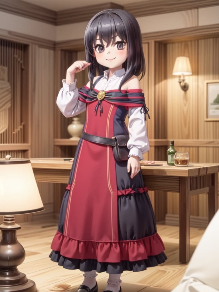 ((12 year old girl: 1.5)), black hair, short hair, perfect anatomy, girl, random pose, random angle, cabin room, lamp, beautiful glass bottle with red liquid on the desk, embroidery, ((Long dress: 1.4 )), National costume, Beautiful girl, Only daughter, Petite girl, Finest, Masterpiece, (Reality 1.2)), Petite, Bangs, (Dark eyes), Bangs, Beautiful girl with attention to detail , Beautiful girl with beautiful delicate eyes, detailed face, beautiful eyes, shining beautiful body, 8K image, ((portrait: 1.2)), Real, Kaoru, ((firm V-shaped eyebrows: 1.2)), (( Smile:1.1)), whole body, brown shoes