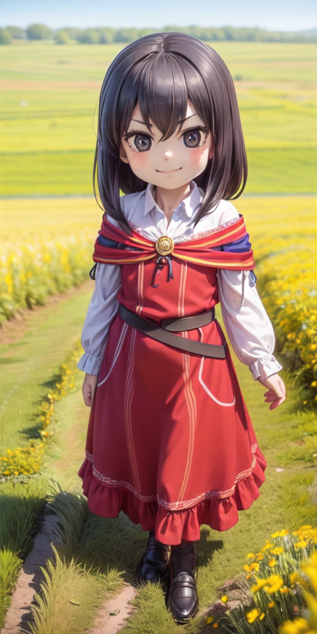 ((12year old girl:1.5)), black hair, short hair,complete anatomy, , little girl, random poses,random angles, wheat field, golden wheat field, embroidery,((long dress:1.4)),  folk costumes,  beautiful girl, 1 girl, petite girl, top quality, masterpiece,(realism: 1.2)), petite, bangs,(black eyes),bangs, beautiful girl with fine details, Beautiful and delicate eyes, Beautiful girl, detailed face, Beautiful eyes, beautiful shining body, 8K images, wind-blown wheat fields,((Portrait:1.2)),Pose walking through a wheat field,Realism, shining wheat field,kaoru,((tsurime,v-shaped eyebrows,smirk:1.1)),full body,brown shoes