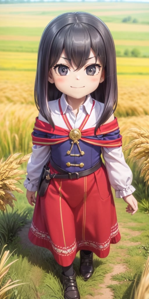 ((12year old girl:1.5)), black hair, short hair,complete anatomy, , little girl, random poses,random angles, wheat field, golden wheat field, embroidery,((long dress:1.4)),  folk costumes,  beautiful girl, 1 girl, petite girl, top quality, masterpiece,(realism: 1.2)), petite, bangs,(black eyes),bangs, beautiful girl with fine details, Beautiful and delicate eyes, Beautiful girl, detailed face, Beautiful eyes, beautiful shining body, 8K images, wind-blown wheat fields,((Portrait:1.2)),Pose walking through a wheat field,Realism, shining wheat field,kaoru,((tsurime,v-shaped eyebrows,smirk:1.1)),full body,brown shoes