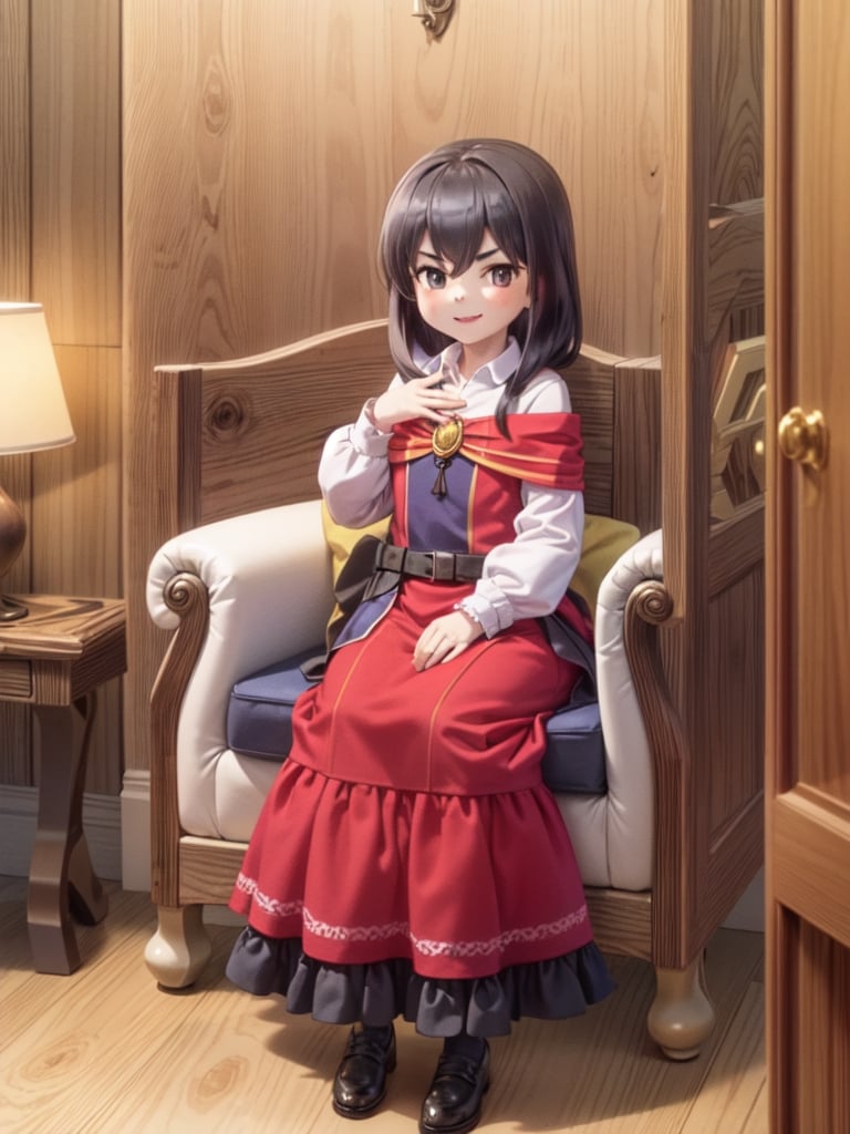 ((12 year old girl: 1.5)), black hair, short hair, perfect anatomy, girl, random pose, random angle, cabin room, lamp, beautiful glass bottle with red liquid on the desk, embroidery, ((Long dress: 1.4 )), National costume, Beautiful girl, Only daughter, Petite girl, Finest, Masterpiece, (Reality 1.2)), Petite, Bangs, (Dark eyes), Bangs, Beautiful girl with attention to detail , Beautiful girl with beautiful delicate eyes, detailed face, beautiful eyes, shining beautiful body, 8K image, ((portrait: 1.2)), Real, Kaoru, ((firm V-shaped eyebrows: 1.2)), (( Smile:1.1)), whole body, brown shoes