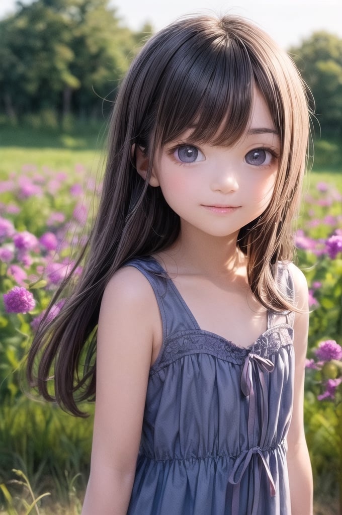 A dreamy girl in a sundress is looking up at the sky while walking through a field of wildflowers with a gentle breeze at...