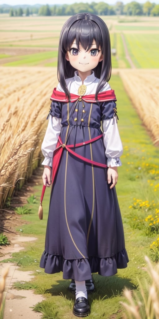 ((12year old girl:1.5)), black hair, short hair,complete anatomy, , little girl, random poses,random angles, wheat field, golden wheat field, embroidery,((long dress:1.4)),  folk costumes,  beautiful girl, 1 girl, petite girl, top quality, masterpiece,(realism: 1.2)), petite, bangs,(black eyes),bangs, beautiful girl with fine details, Beautiful and delicate eyes, Beautiful girl, detailed face, Beautiful eyes, beautiful shining body, 8K images, wind-blown wheat fields,((Portrait:1.2)),Pose walking through a wheat field,Realism, shining wheat field,kaoru,((tsurime,v-shaped eyebrows,smirk:1.1)),full body,brown shoes