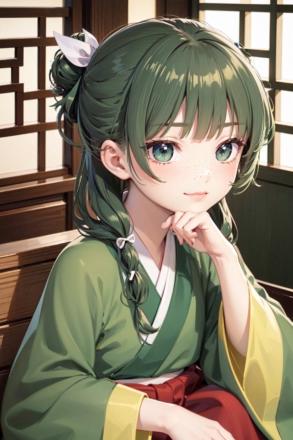 deformed Anime Style,full body,beautiful little girl,12 years old,smirk,
masterpiece, best quality, highres, 1girl hair ribbon hair ornament, hanfu green shirt wide sleeves red skirt long skirt , smirk, indoors, east asian architecture,1girl ((hair ribbon hair ornament,bun)),((Portrait)),1girl,maomao,((Dark green hair:1.4)),
shangfu,lady in waiting,jinshi,freckles