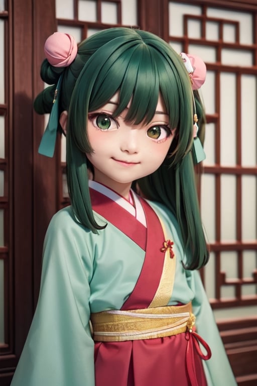 deformed Anime Style,full body,beautiful little girl,12 years old,smirk,
masterpiece, best quality, highres, 1girl hair ribbon hair ornament, hanfu green shirt wide sleeves red skirt long skirt , smirk, indoors, east asian architecture,1girl ((hair ribbon hair ornament,bun)),((Portrait)),1girl,maomao,((Dark green hair:1.4)),
shangfu,lady in waiting,jinshi,[[[freckles]]]
