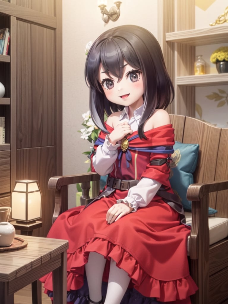 ((12 year old girl: 1.5)), black hair, short hair, perfect anatomy, girl, random pose, random angle, cabin room, lamp, beautiful glass bottle with red liquid on the desk, embroidery, ((Long dress: 1.4 )), National costume, Beautiful girl, Only daughter, Petite girl, Finest, Masterpiece, (Reality 1.2)), Petite, Bangs, (Dark eyes), Bangs, Beautiful girl with attention to detail , Beautiful girl with beautiful delicate eyes, detailed face, beautiful eyes, shining beautiful body, 8K image, ((portrait: 1.2)), Real, Kaoru, ((firm V-shaped eyebrows: 1.2)), (( Smile:1.1)), whole body, brown shoes