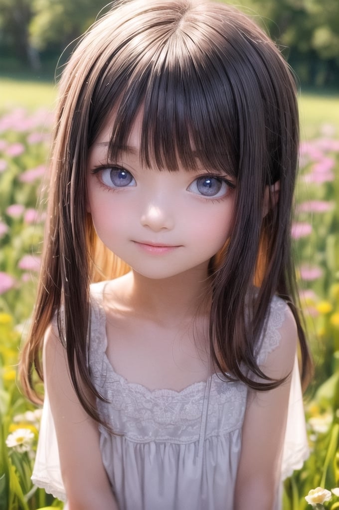 A dreamy girl in a sundress is looking up at the sky while walking through a field of wildflowers with a gentle breeze at sunset. Watercolor illustration, anime her style portrait of a teenage girl with sparkling blue eyes and a gentle smile,

(9year old girl:1.5),((small breasts)),
beautiful detailed eyes, complete anatomy,
  loli, (realism: 1.2),russian girl,
beautiful girl with fine details,  detailed face, beautiful shining body,
 1 girl, ((purple eyes,tall eyes, Big eyes)), 
 random angles, ((child body: 1.2)),
 bangs,detailed face,  super detailed, 
perfect face, (bright lighting: 1.2), (highly detailed face:1.4),
morning light, happiness, Best Quality, Masterpiece, Natural Light,
 ultra-high resolution, 16k images, depth of field,masterpiece,best quality,