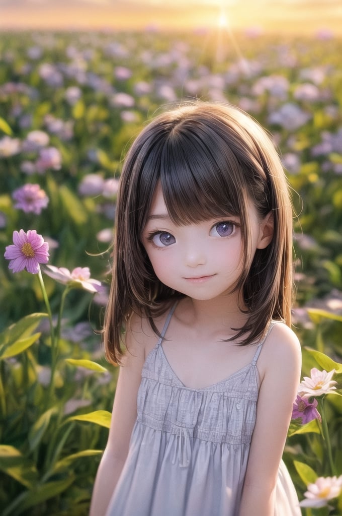 A dreamy girl in a sundress is looking up at the sky while walking through a field of wildflowers with a gentle breeze at sunset. Watercolor illustration, anime her style portrait of a teenage girl with sparkling blue eyes and a gentle smile,

(9year old girl:1.5),((small breasts)),
beautiful detailed eyes, complete anatomy,
  loli, (realism: 1.2),russian girl,
beautiful girl with fine details,  detailed face, beautiful shining body,
 1 girl, ((purple eyes,tall eyes, Big eyes)), 
 random angles, ((child body: 1.2)),
 bangs,detailed face,  super detailed, 
perfect face, (bright lighting: 1.2), (highly detailed face:1.4),
 happiness, Best Quality, Masterpiece, Natural Light,
 ultra-high resolution, 16k images, depth of field,masterpiece,best quality,