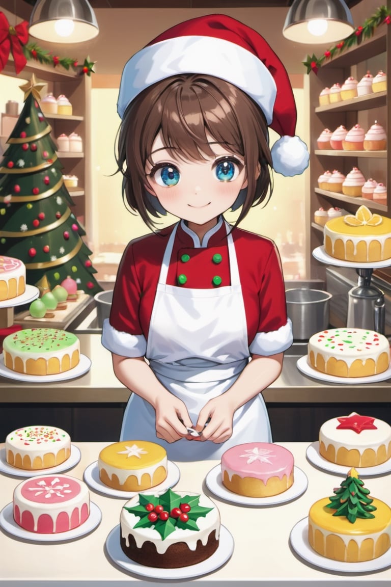 Imagine a cozy cake shop filled with the sweet smell of freshly baked cakes. The environment is decorated in pastel colors...