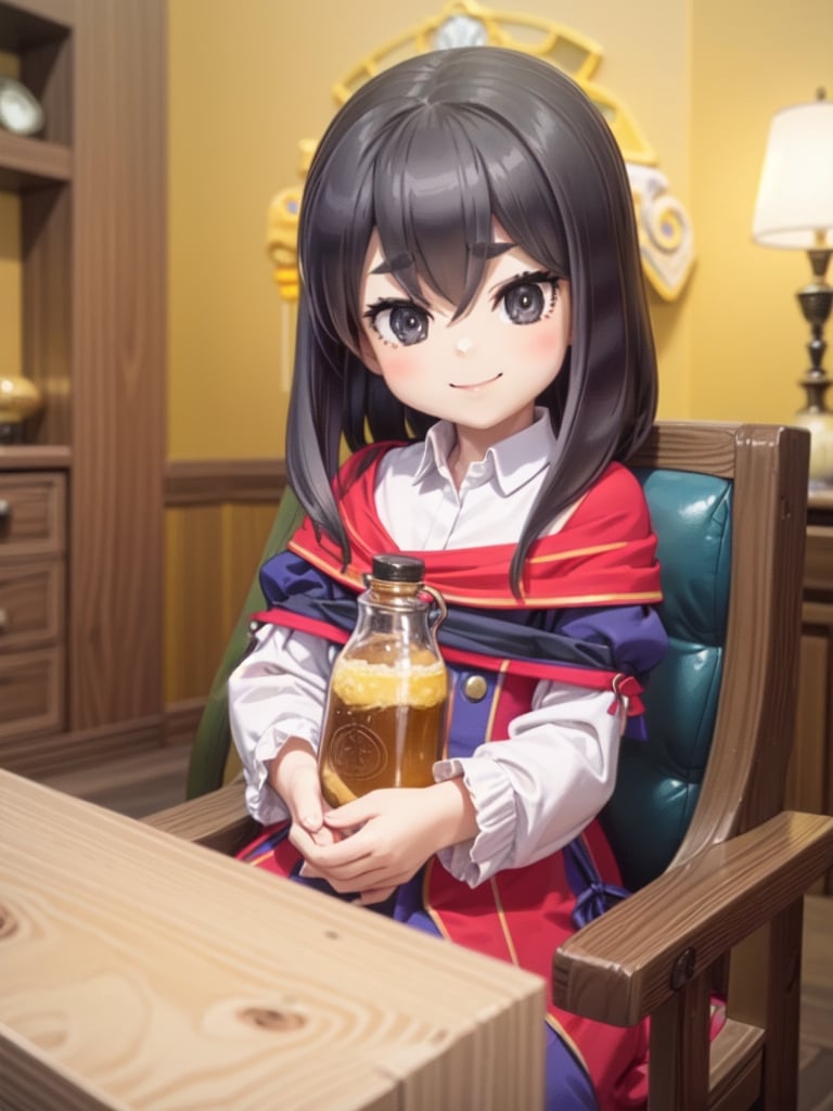 ((12 year old girl: 1.5)), black hair, short hair, perfect anatomy, girl, random pose, random angle, cabin room, lamp, beautiful glass bottle with liquid on the desk, embroidery, ((Long dress: 1.4 )), National costume, Beautiful girl, Only daughter, Petite girl, Finest, Masterpiece, (Reality 1.2)), Petite, Bangs, (Dark eyes), Bangs, Beautiful girl with attention to detail , Beautiful girl with beautiful delicate eyes, detailed face, beautiful eyes, shining beautiful body, 8K image, ((portrait: 1.2)), Real, Kaoru, ((firm V-shaped eyebrows: 1.2)), (( Smile:1.1)), whole body, brown shoes