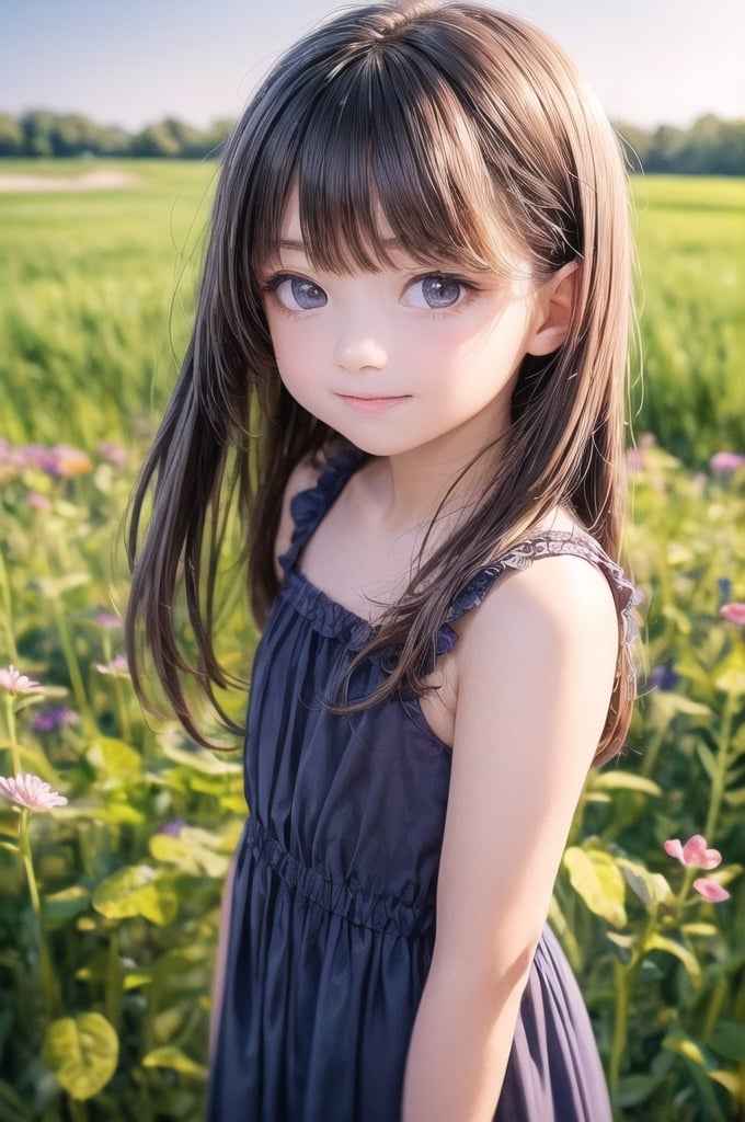 A dreamy girl in a sundress is looking up at the sky while walking through a field of wildflowers with a gentle breeze at...