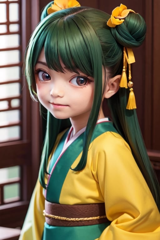 ((6year old girl:1.5)), loli, petite girl, Portrait, children's body, beautiful shining body, (( bangs)),high eyes,(brown eyes:1.4), petite,tall eyes, beautiful girl with fine details, Beautiful and delicate eyes, detailed face, Beautiful eyes,natural light,((realism: 1.2 )), dynamic far view shot,cinematic lighting, perfect composition, by sumic.mic, ultra detailed, official art, masterpiece, (best quality:1.3), reflections, extremely detailed cg unity 8k wallpaper, detailed background, masterpiece, best quality , (masterpiece), (best quality:1.4), (ultra highres:1.2), (hyperrealistic:1.4), (photorealistic:1.2), best quality, high quality, highres, detail enhancement, ((long hair:1.4)),
((tareme,animated eyes, big eyes,droopy eyes:1.2)),deformed Anime ,smirk,
1girl hair ribbon hair ornament, hanfu green shirt wide sleeves red skirt long skirt ,  indoors, east asian architecture,((hair ribbon hair ornament,bun)),((Portrait)),maomao,((Dark green hair:1.4)),
shangfu,lady in waiting,jinshi,[[[freckles]]]
