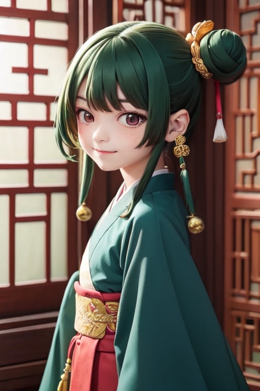 deformed Anime Style,full body,beautiful little girl,12 years old,smirk,
masterpiece, best quality, highres, 1girl hair ribbon hair ornament, hanfu green shirt wide sleeves red skirt long skirt , smirk, indoors, east asian architecture,1girl ((hair ribbon hair ornament,bun)),((Portrait)),1girl,maomao,((Dark green hair:1.4)),
shangfu,lady in waiting,jinshi,[[[freckles]]]
