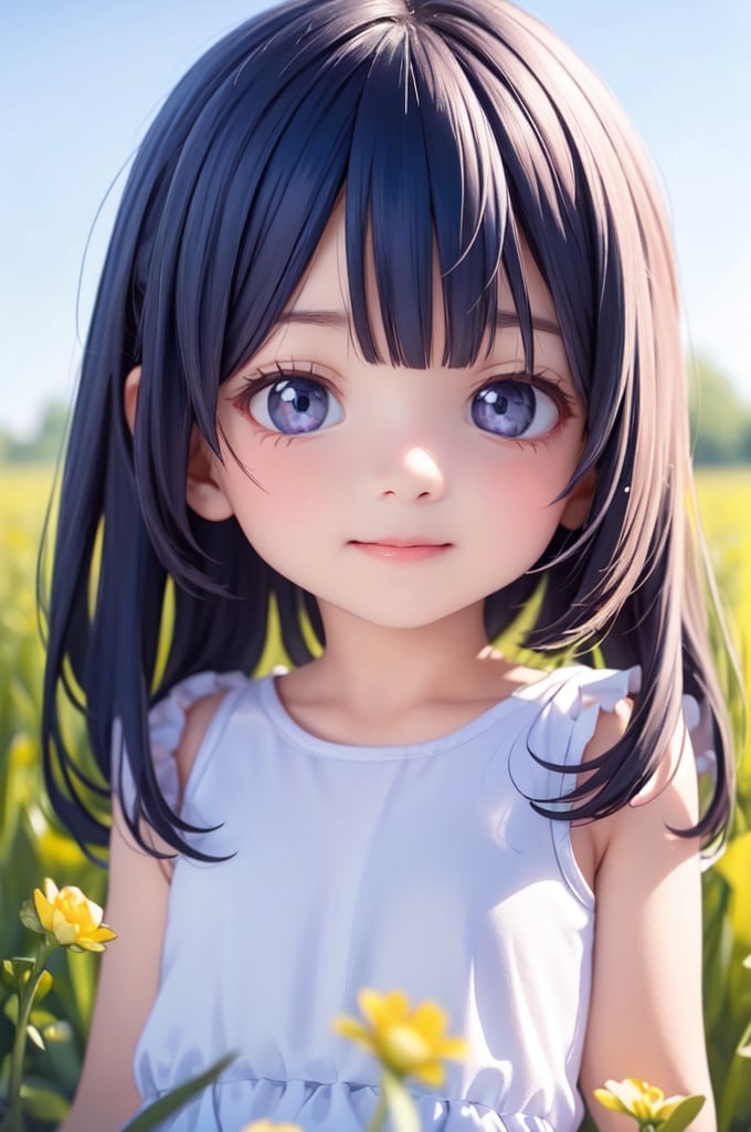 A dreamy girl in a sundress is looking up at the sky while walking through a field of wildflowers with a gentle breeze at...