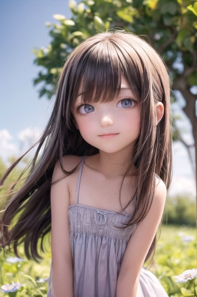 A dreamy girl in a sundress is looking up at the sky while walking through a field of wildflowers with a gentle breeze at...