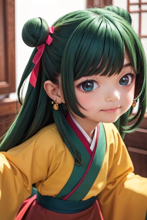 ((6year old girl:1.5)), loli, petite girl, Portrait, children's body, beautiful shining body, (( bangs)),high eyes,(brown eyes:1.4), petite,tall eyes, beautiful girl with fine details, Beautiful and delicate eyes, detailed face, Beautiful eyes,natural light,((realism: 1.2 )), dynamic far view shot,cinematic lighting, perfect composition, by sumic.mic, ultra detailed, official art, masterpiece, (best quality:1.3), reflections, extremely detailed cg unity 8k wallpaper, detailed background, masterpiece, best quality , (masterpiece), (best quality:1.4), (ultra highres:1.2), (hyperrealistic:1.4), (photorealistic:1.2), best quality, high quality, highres, detail enhancement, ((long hair:1.4)),
((tareme,animated eyes, big eyes,droopy eyes:1.2)),deformed Anime ,smirk,
1girl hair ribbon hair ornament, hanfu green shirt wide sleeves red skirt long skirt ,  indoors, east asian architecture,((hair ribbon hair ornament,bun)),((Portrait)),maomao,((Dark green hair:1.4)),
shangfu,lady in waiting,jinshi,[[[freckles]]]
