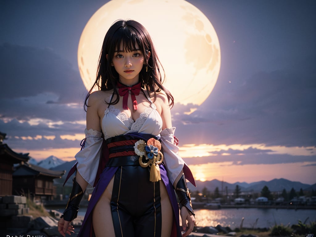 one cosplayer girl cosplaying shogun raiden from genshin impact videogame, (dark violet hair, violet eyes:1.1), disdain, blunt bangs, one arm behind her back and other arm crossed graving the arm that is behind, mountain, fantasy, dusk, HDR quality, one person only, neckline