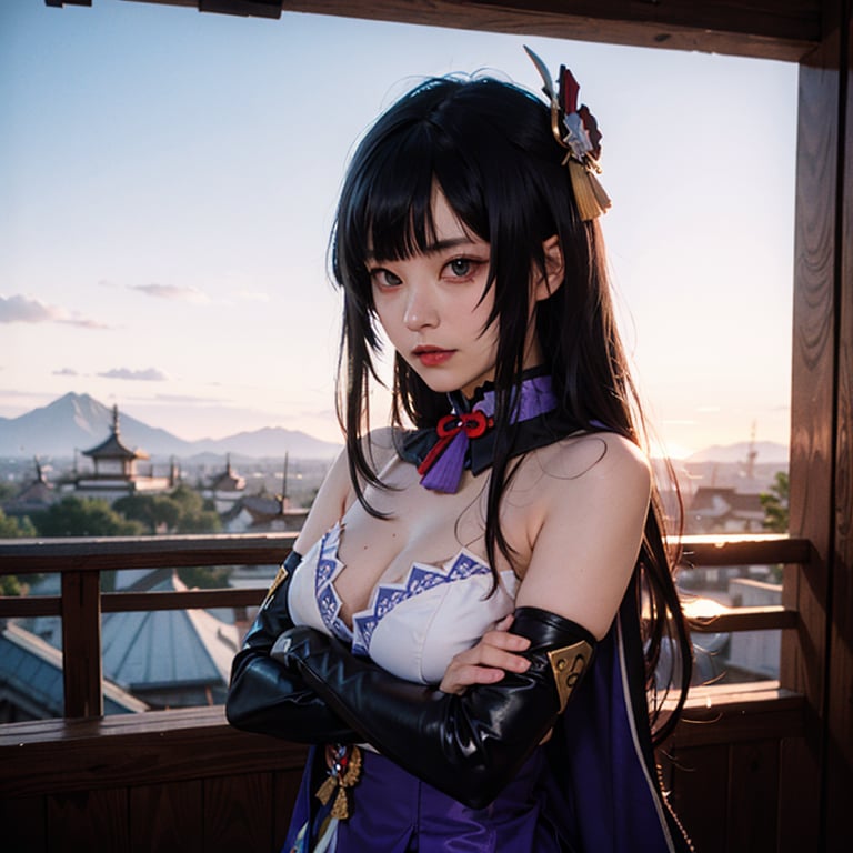 cosplayer girl cosplaying shogun raiden from genshin impact videogame, (dark hair, purple eyes:1.1), disdain, blunt bangs, crossed arms, mountain, fantasy, dusk