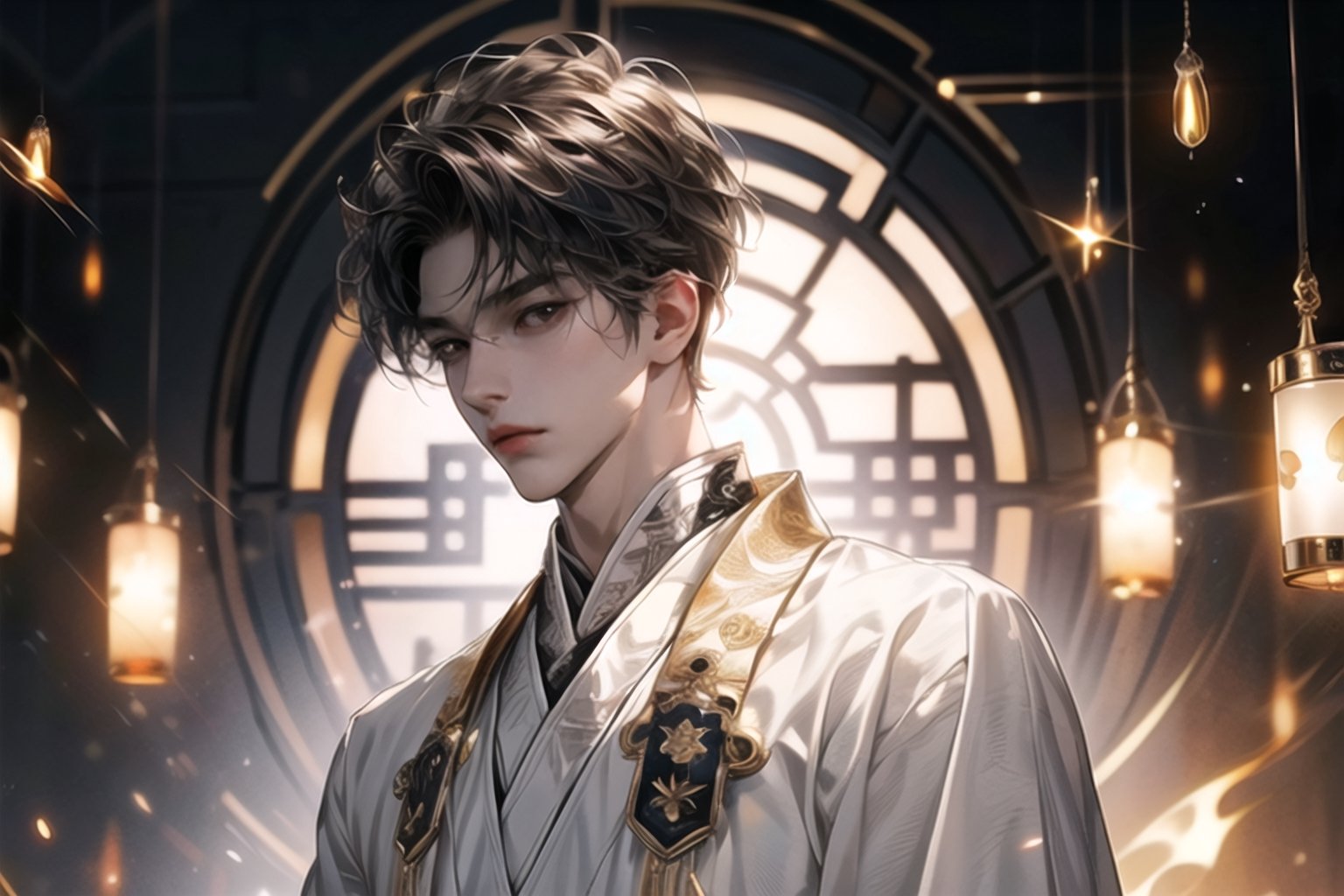 (extreamly delicate and beautiful:1.2), 8K, (tmasterpiece, best:1.0), , (LONG_HAIR_MALE:1.5), Upper body, a long_haired male, cool and seductive, evil_gaze, (wears white hanfu:1.2), and intricate detailing, and intricate detailing, finely eye and detailed face, Perfect eyes, Equal eyes, Fantastic lights and shadows、white room background、 Uses backlight and rim light