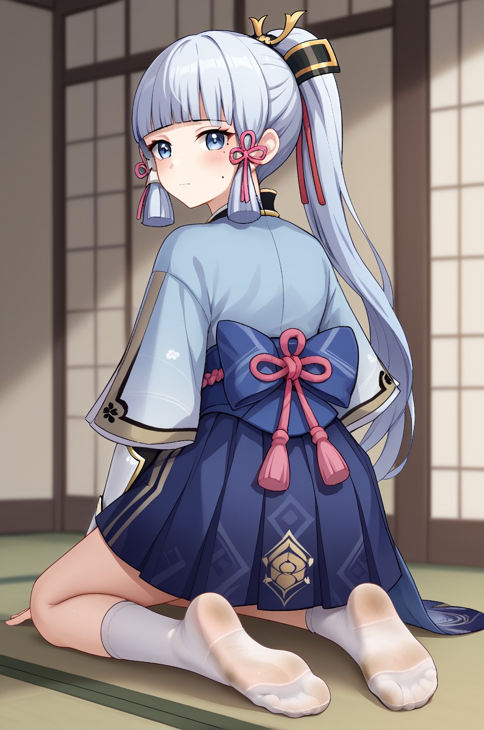 1girl, feet, kamisato_ayaka, no_shoes, soles, solo, socks, ponytail, blue_eyes, long_hair, toes, bangs, looking_at_viewer, japanese_clothes, looking_back, kneeling, blue_hair, hair_ornament, white_socks, foot_focus, skirt, blunt_bangs, sidelocks, from_behind, armor, ribbon, hair_ribbon, closed_mouth, full_body, blush, legs, blue_skirt, mole, indoors, sash, mole_under_eye, dirty_socks